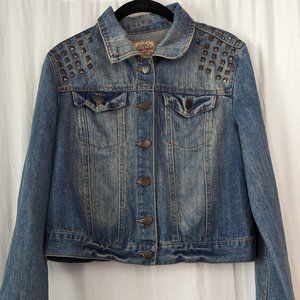Vintage Studded Distressed Cropped Denim Jacket Size Large